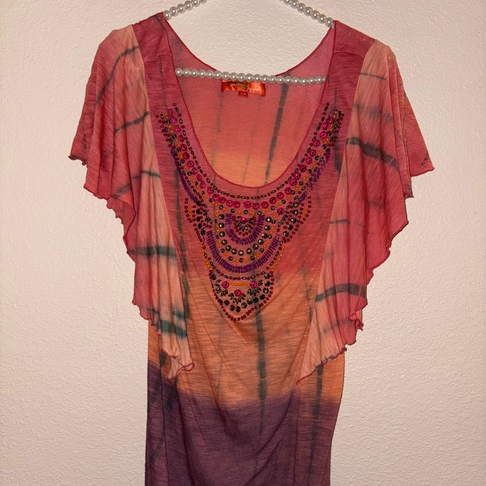 Cabana Life Pink and Orange Flutter Sleeve Blouse with Ruffled Embellishments